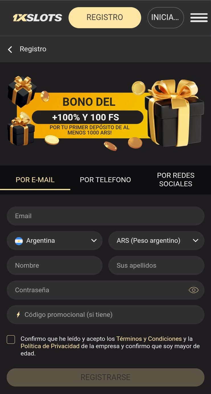 Código promocional 1xSlots-Registro